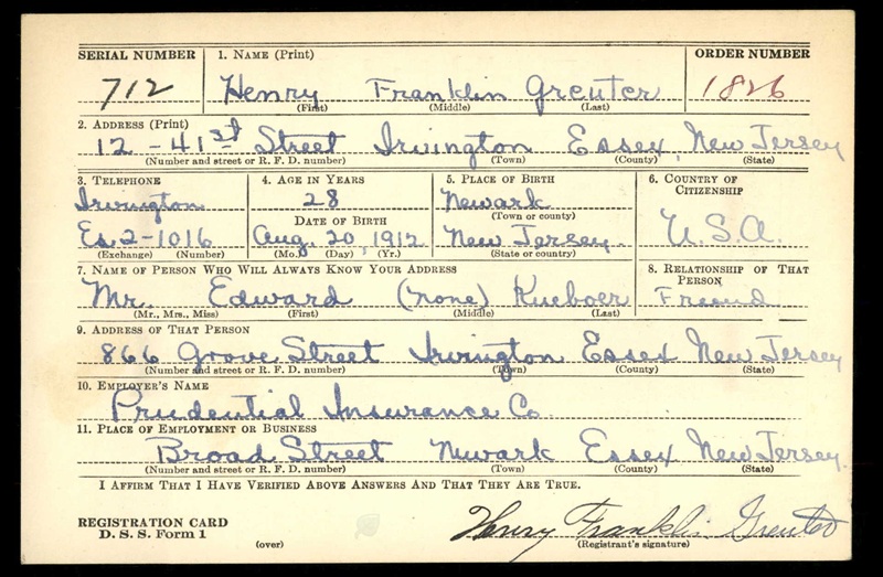 Henry F. Greuter Jr. WW2 Draft Registration