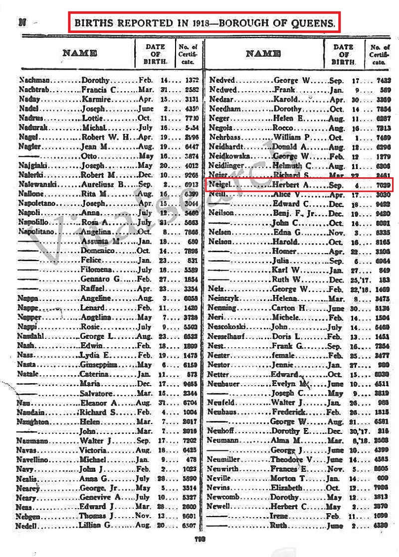 Herbert A. Neigel Birth Index