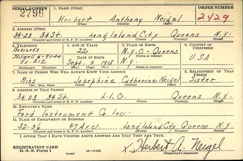 Herbert A. Neigel WW2 Draft Registration