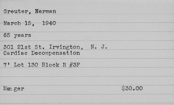 The Woodland Cemetery Index Card of Herman Greuter