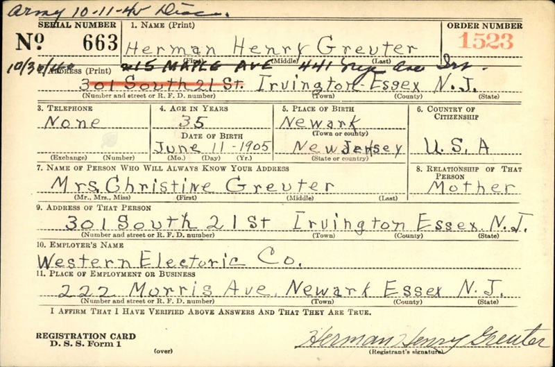World War II Draft Registration Herman Henry Greuter