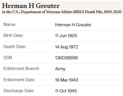 World War II military service record for Herman Henry Greuter