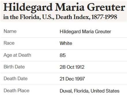 Hildegarde Manz Greuter Death Index