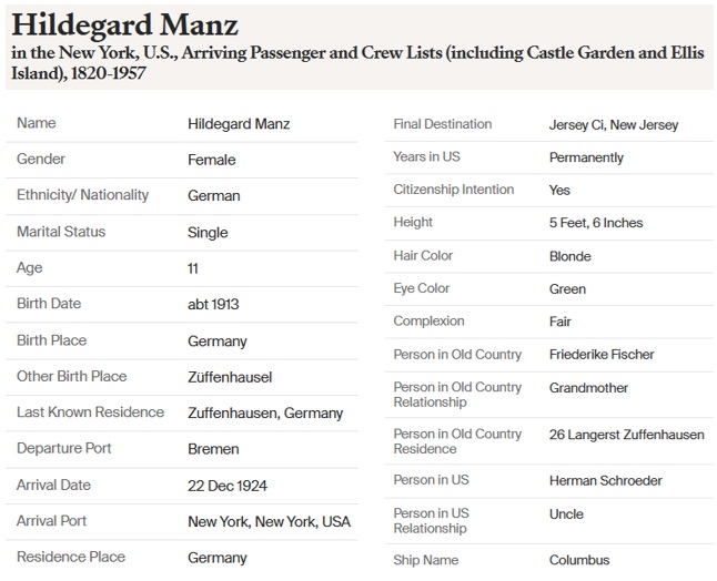 Hildegarde Manz Immigration and Naturalization Record