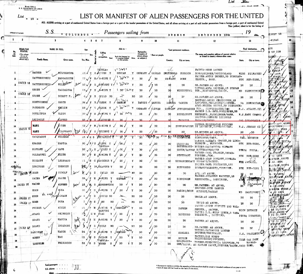 Hildegarde Manz Immigration and Naturalization Record