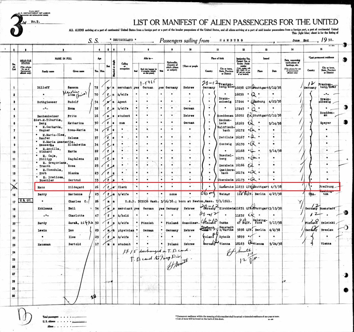 Hildegarde Manz Immigration and Naturalization Record