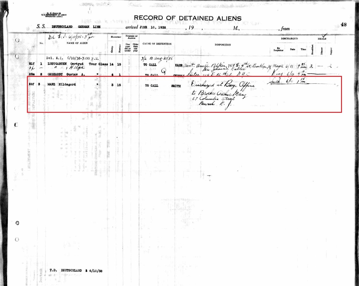 Hildegarde Manz Immigration and Naturalization Record