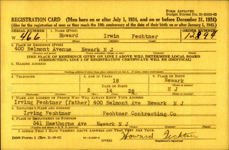 Howard Fechtner's World War II Draft Registration