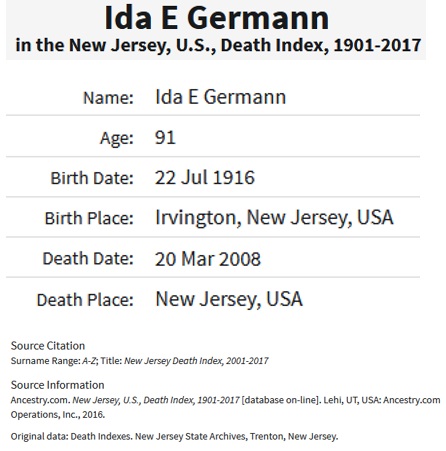 Ida Eleanor Hedden Germann Death Index