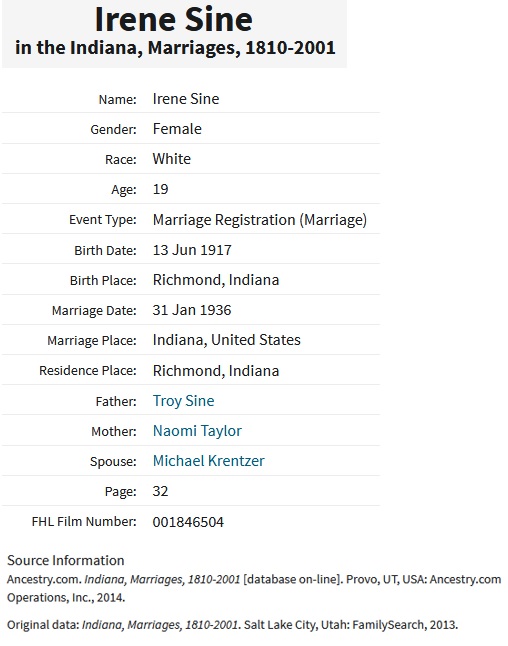 Irene Sine and Michael Kreutzer Marriage Record