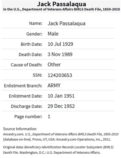 Jack J. Passalaqua Military Record