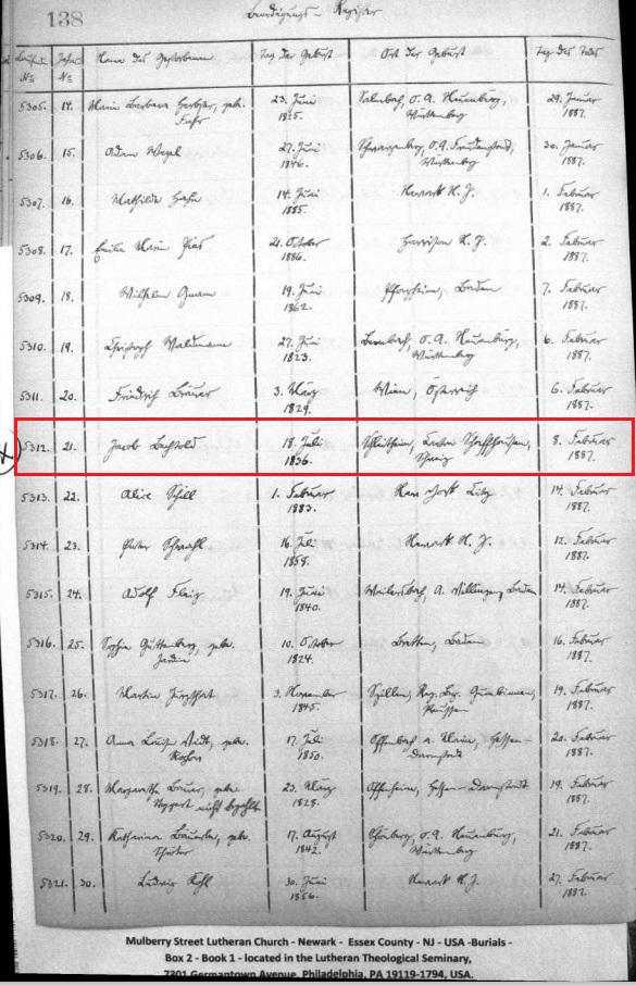 Jacob Bechtold Burial Record
