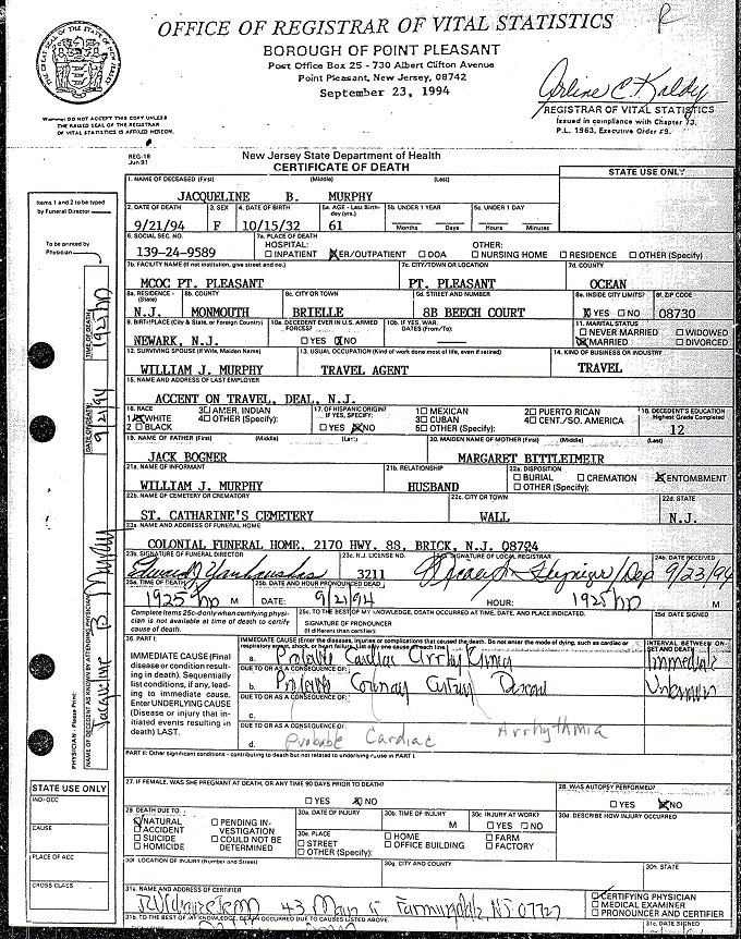 Jacqueline (Bogner) Murphy Death Certificate