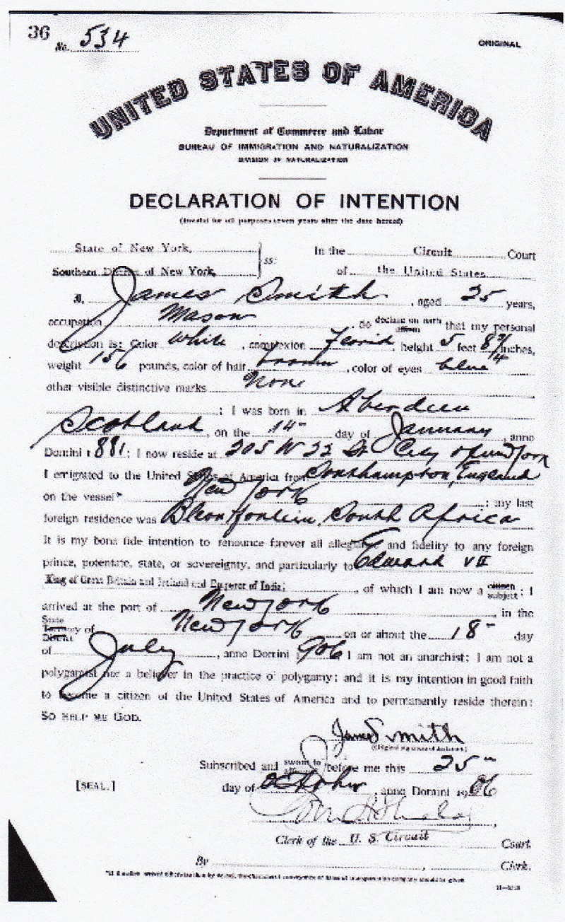 James Findlay Smith Naturalization Record