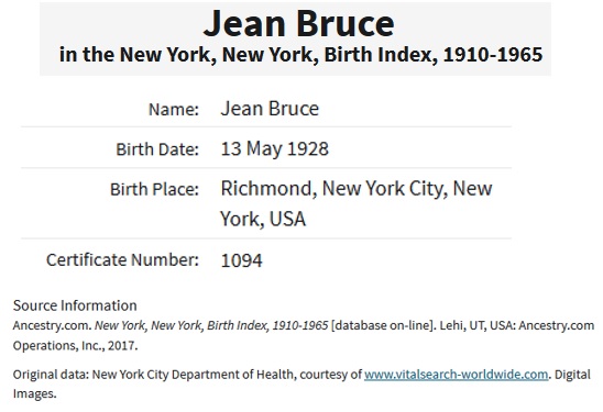 Jean Frances Bruce Birth Record