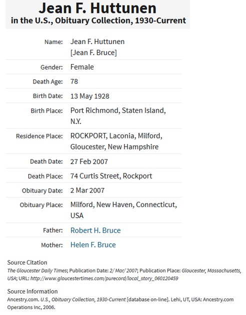 Jean Bruce Huttunen Obituary