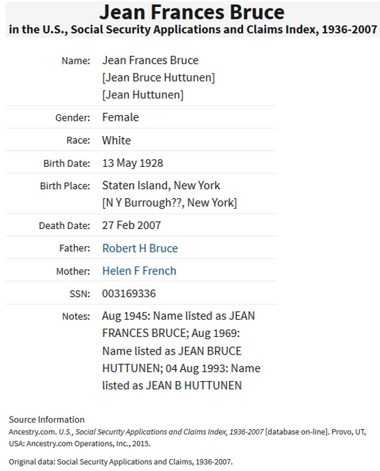 Jean Bruce Huttunen Social Security Applications and Claims Index