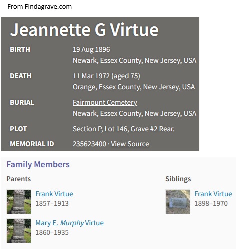 Jeanette G. Virtue Cemetery Record
