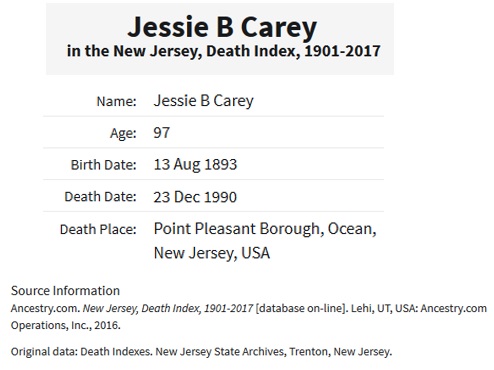 Death Index of Jessica A. Bechtold Carey