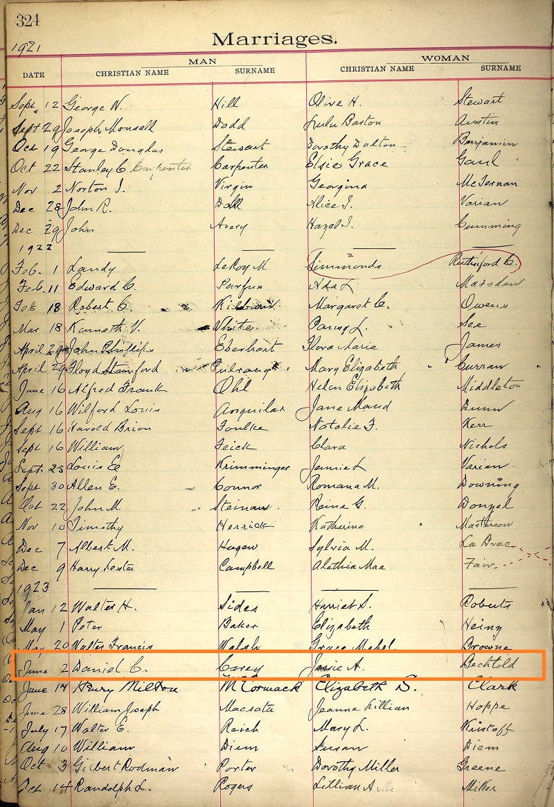 Marriage Certificate for Daniel C. Carey and Jessica A. Bechtold