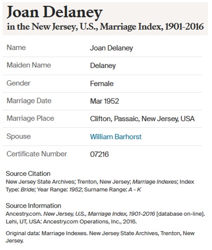 Joan Delaney and WIlliam Barhorst Marriage