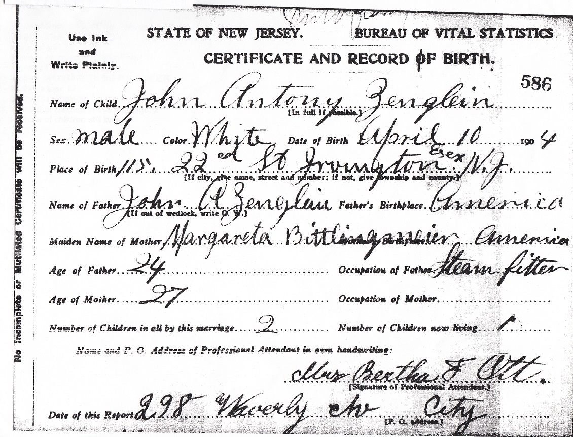 John A. Zenglein Jr. Birth Certificate