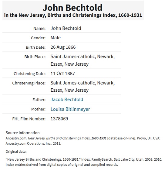 John Bechtold Birth Index