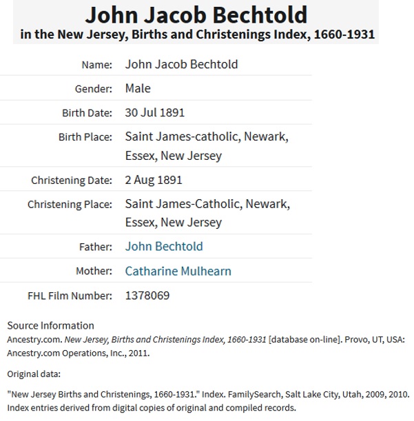 John J. Bechtold Birth Certificate