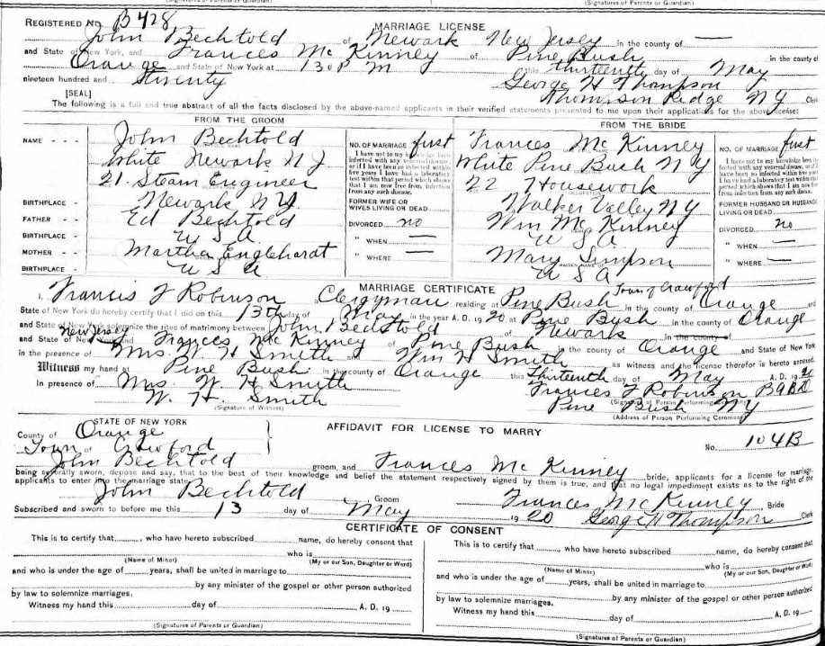 John Bechtold and Frances McKinney Marriage Record