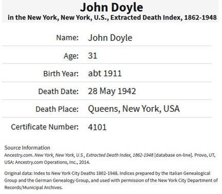 John Francis Doyle Death Index
