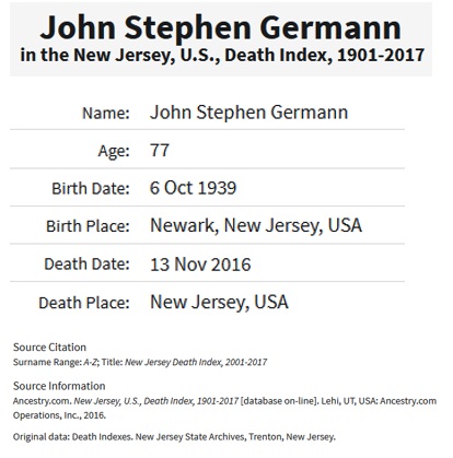 John Stephen Germann Death Index
