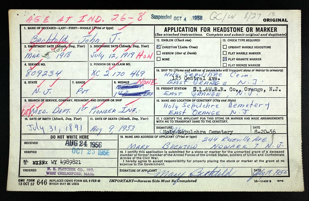 Grave Marker request for John J. Bechtold