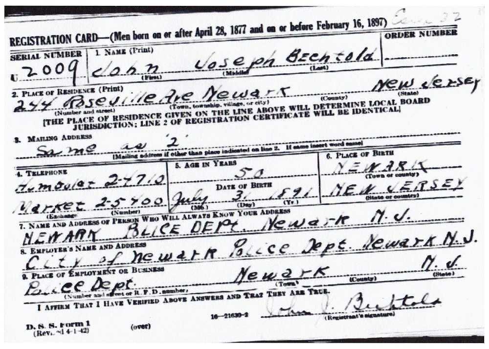 John J. Bechtold's World War II Draft Registration Card Part 1