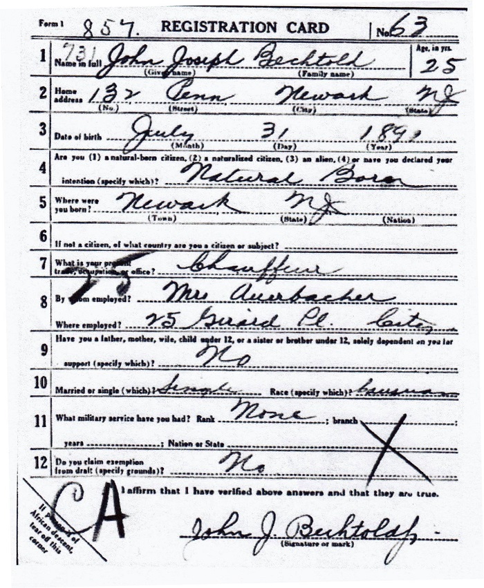 John J. Bechtold's World War I Draft Registration Card Part 1