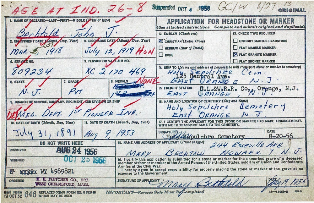 John J. Bechtold's Application for Veteran's Headstone Part 1