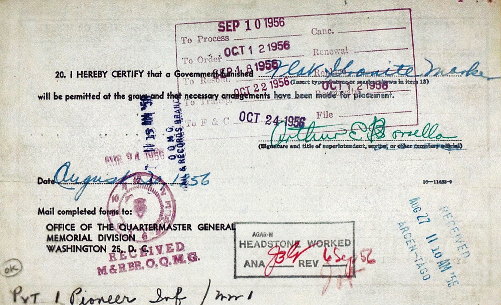 John J. Bechtold's Application for Veteran's Headstone Part 2
