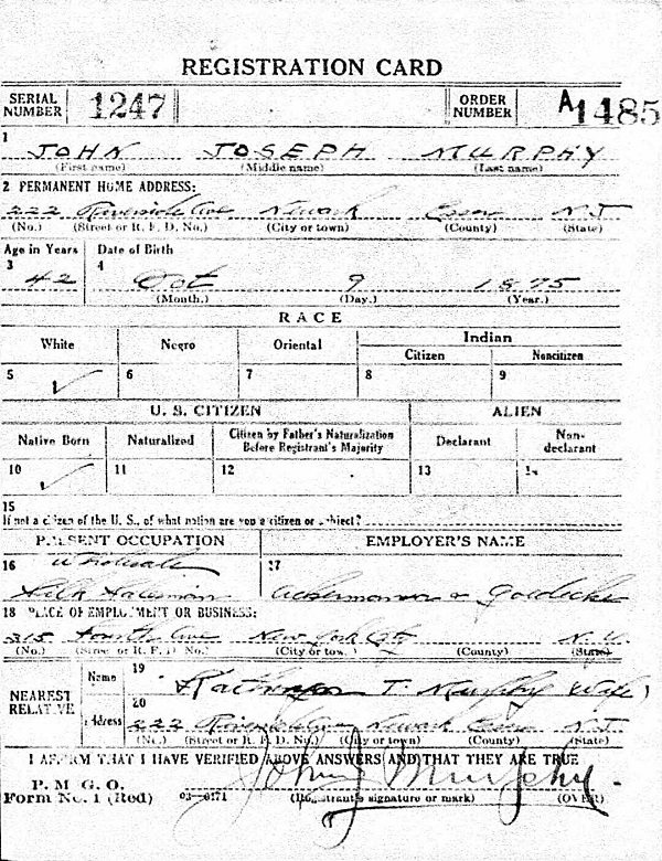 John Joseph Murphy World War I Draft Registration