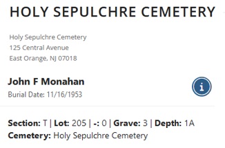 John Francis Monahan Cemetery Record
