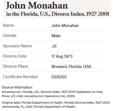 John Francis Monahan Jr. Divorce Record