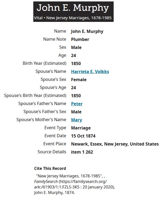 John E. Murphy and Henrietta Volk Marriage