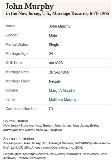 John Murphy and Margaret Murphy Marriage Record 1850