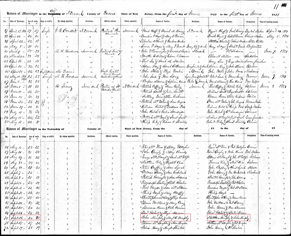 John Murphy and Margaret Murphy Marriage Record 1850