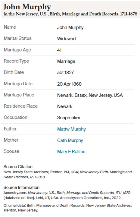 John Murphy and Mary Rollins Marriage Record 1868