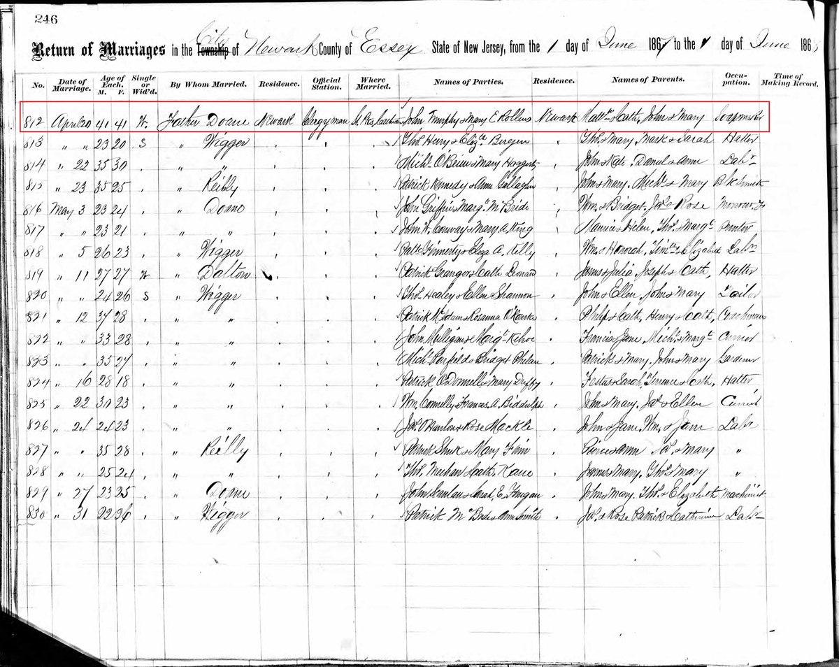 John Murphy and Mary Rollins Marriage Record 1868