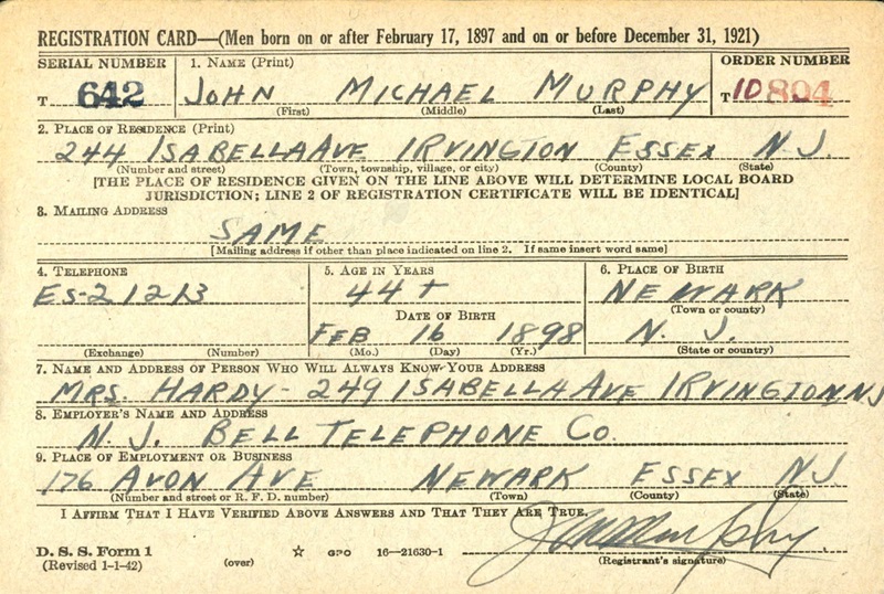 John Michael Murphy's World War II Draft Registration Card Part 1