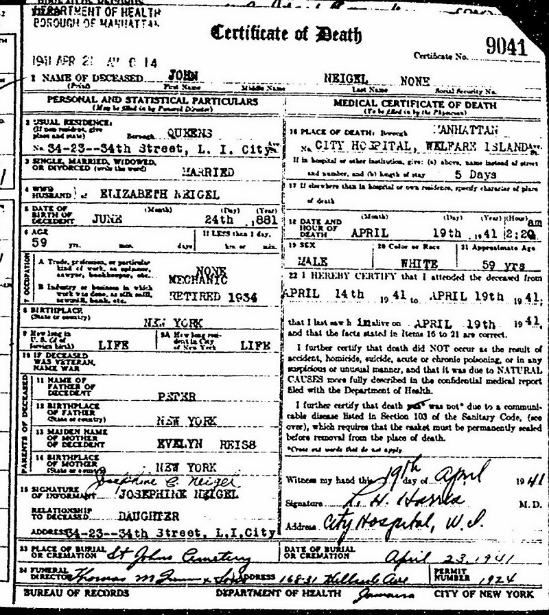 John Henry Neigel Death Certificate