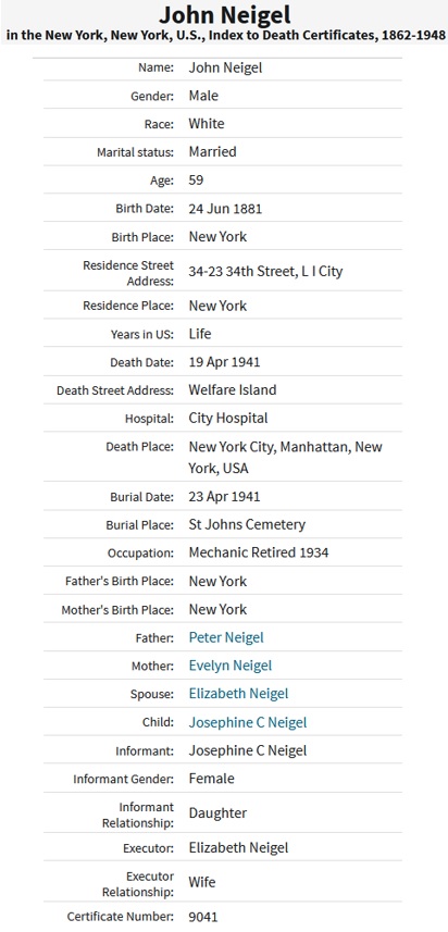 John Henry Neigel Death Index