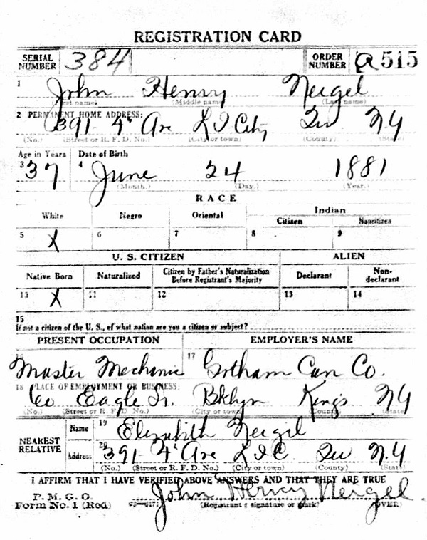 John Neigel WW1 Draft Registration