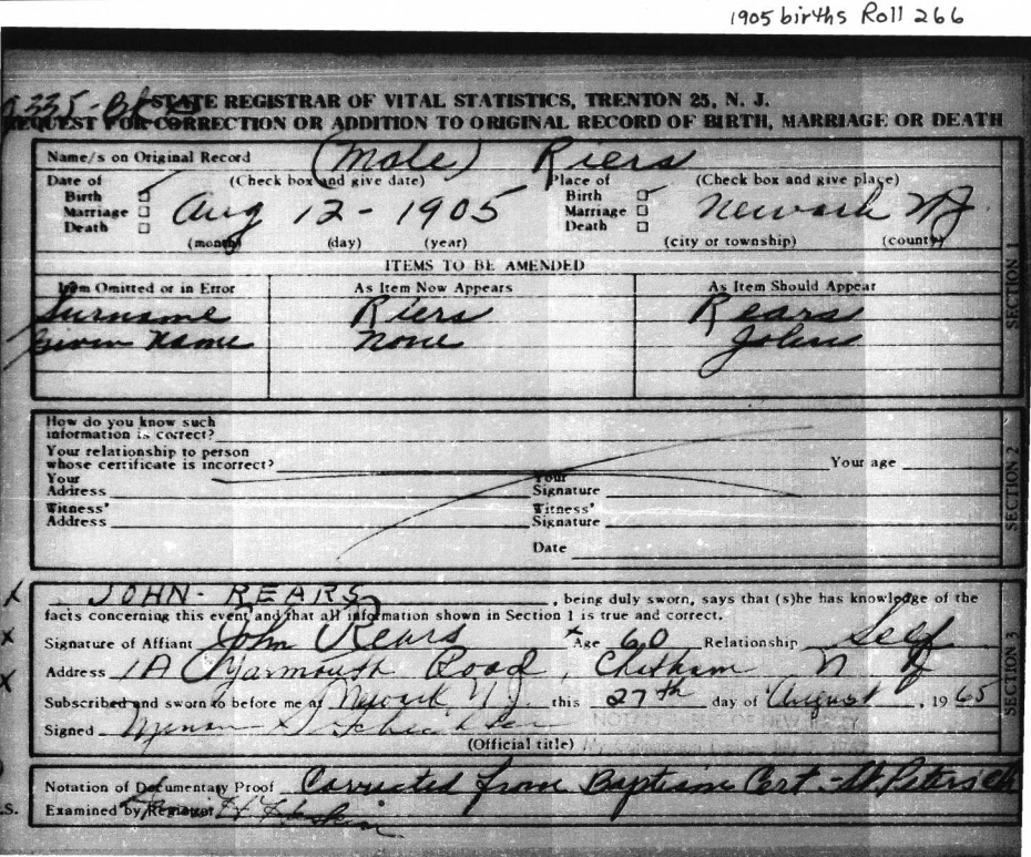 John Rears Birth Certificate