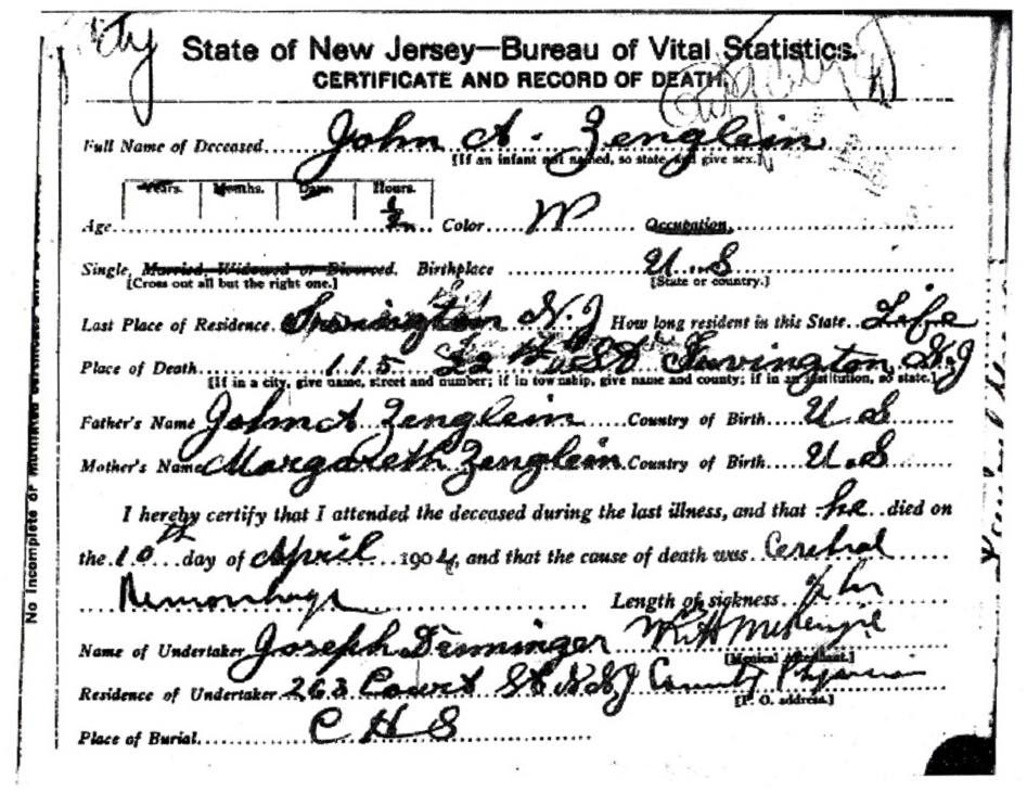 John A. Zenglein Jr. Death Certificate